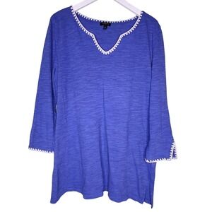 Talbots Linen Blend Top Medium Blue White Embroidery Casual V-Neck  Lightweight‎
